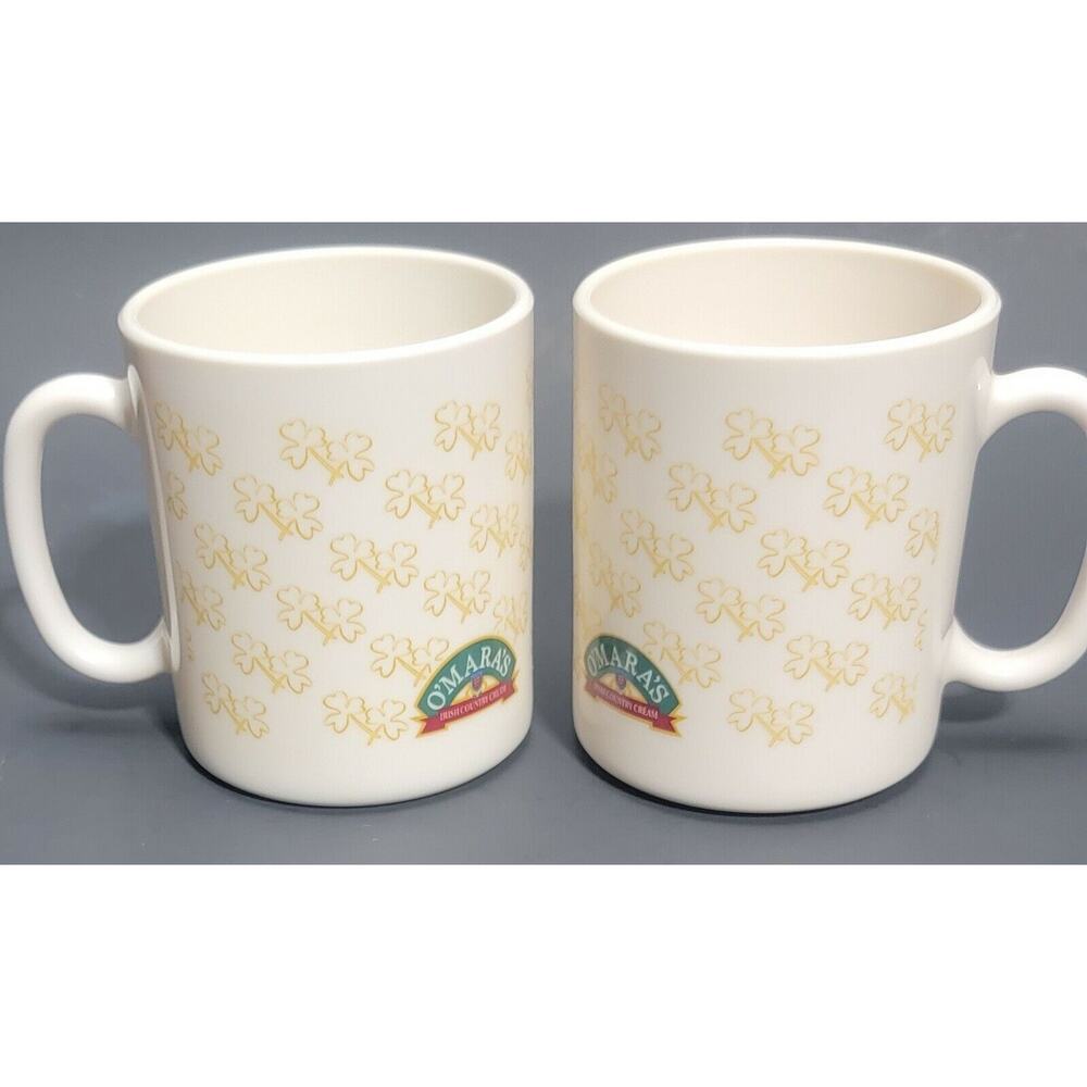 2 MILK GLASS ADVERTISING PROMO MUGS France Arcopal O'MARA'S Irish Clovers